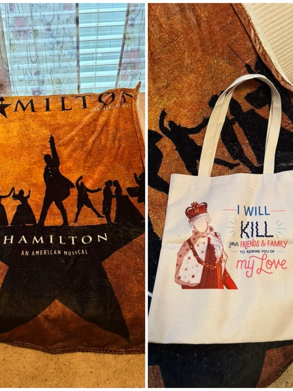 Hamilton Muscial Orange & Black Throw Blanket and White Canvas Tote Set